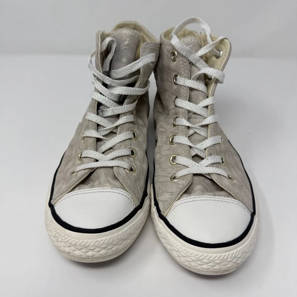 Converse‎ All Star Size 3 Junior Leather Zip High Top Sneakers Beige Gold Youth